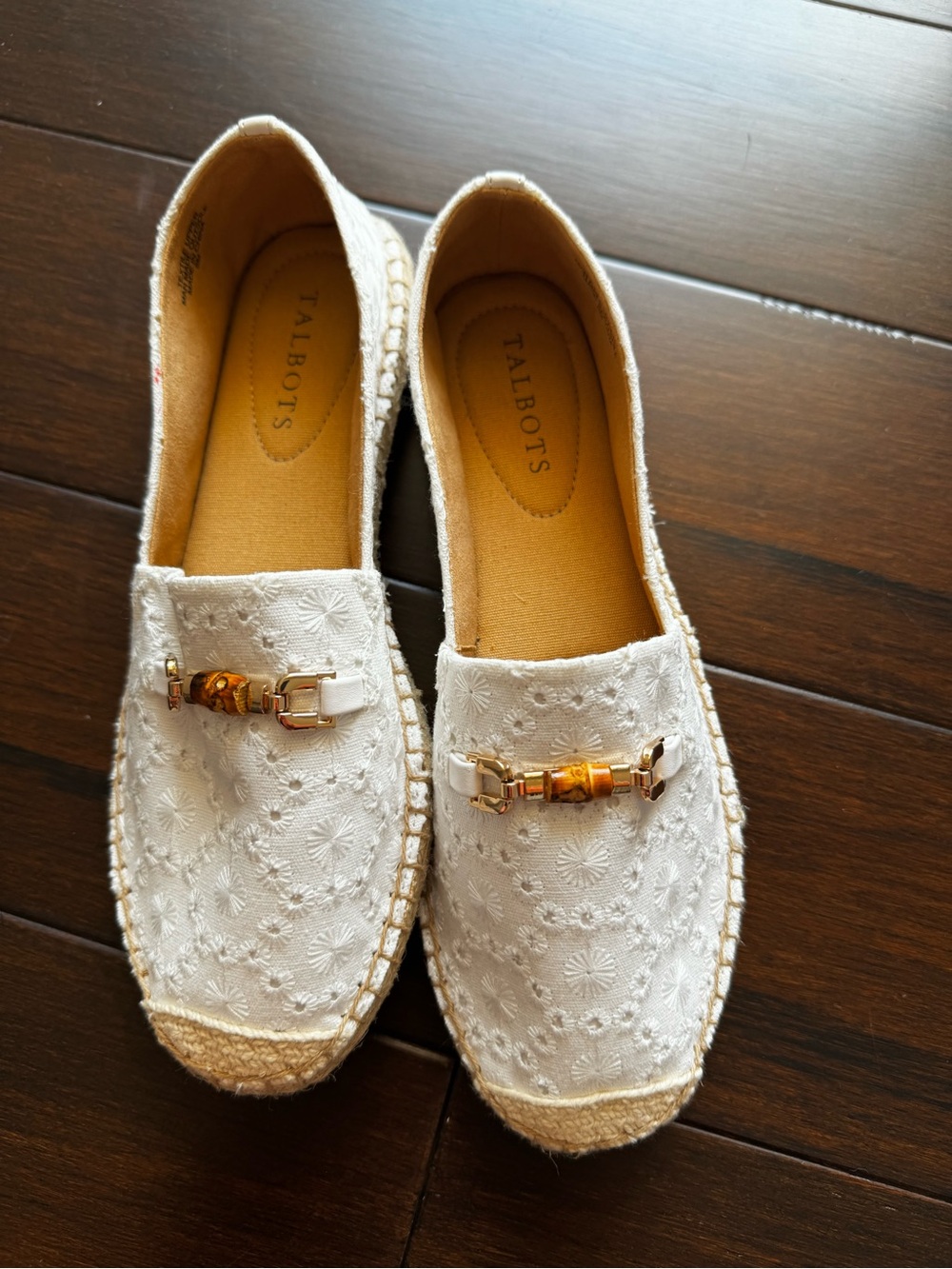 Talbots White Embroidered Espadrille Mules with Gold & Amber Accents